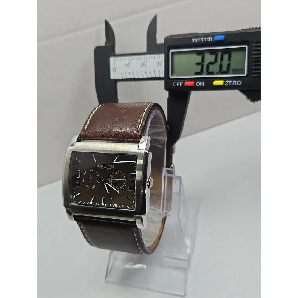 Kenneth Cole Reaction Mens Tank Brown Dial Date Leather Watch New Battery *READ